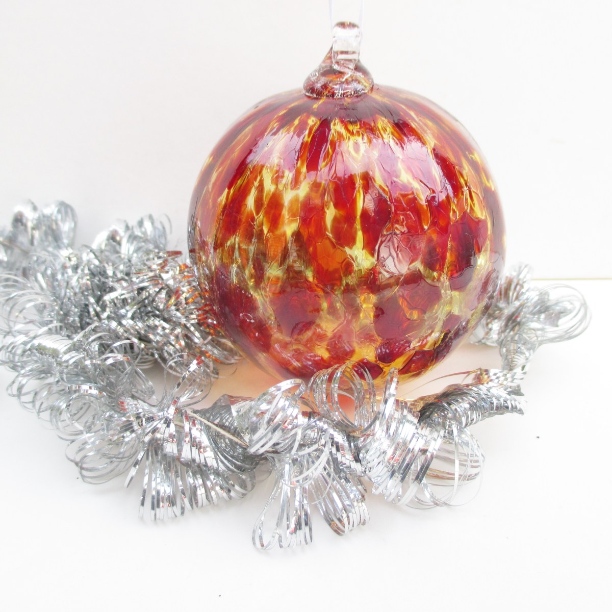 blown glass ornament gold red spots ridges christmas