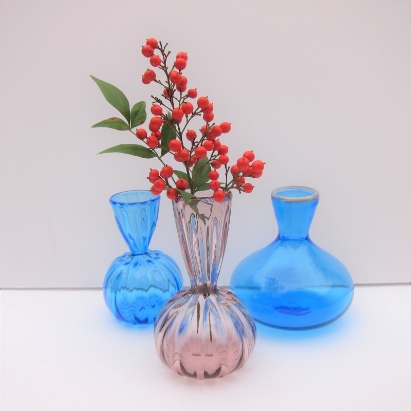 hand blown glass vases purple blue ridges bud vase